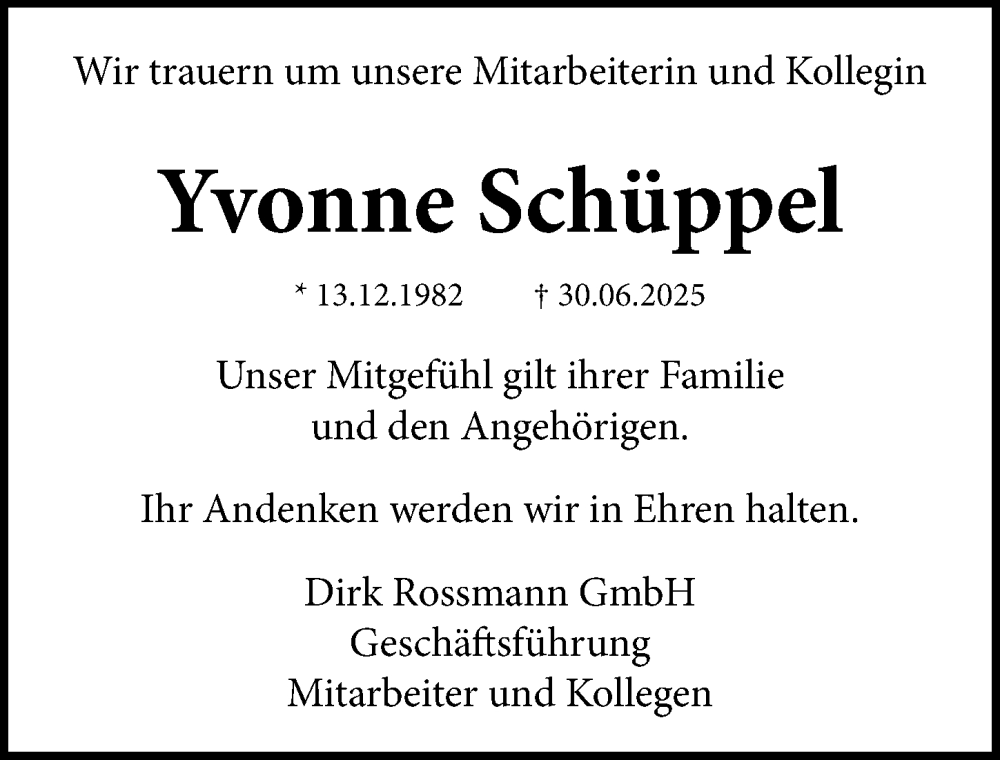  Traueranzeige für Yvonne Schüppel vom 19.07.2025 aus Fürther Nachrichten Lokal