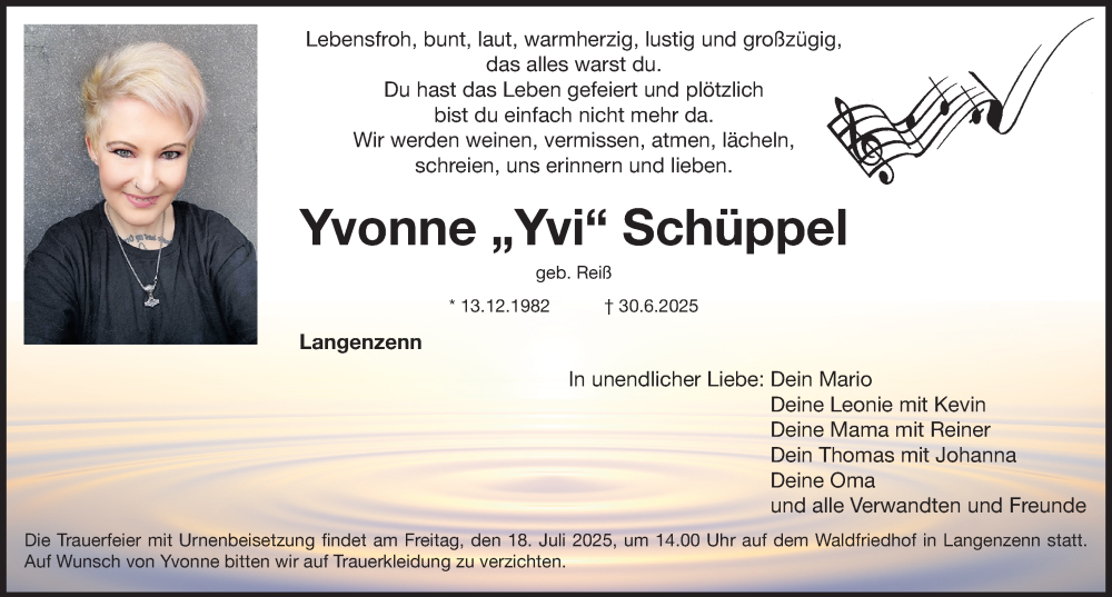  Traueranzeige für Yvonne Schüppel vom 12.07.2025 aus Fürther Nachrichten Lokal