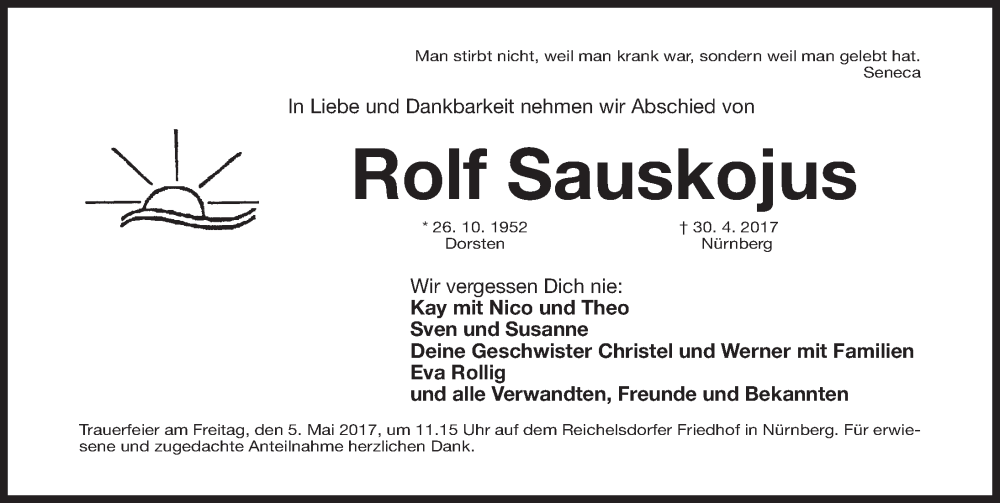  Traueranzeige für Rolf Sauskojus vom 03.05.2017 aus Gesamtausgabe Nürnberger Nachrichten/ Nürnberger Ztg.