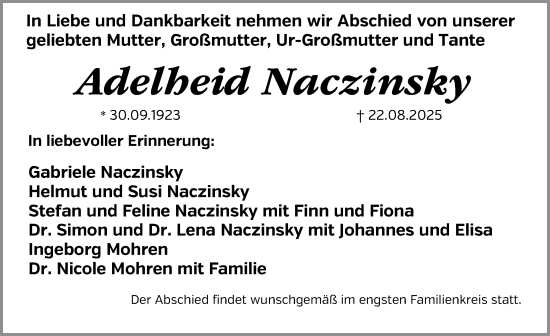Traueranzeige von Adelheid Naczinsky von Gesamtausgabe Nürnberger Nachrichten/ Nürnberger Ztg.