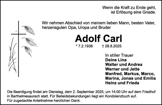 Traueranzeige von Adolf Carl von Schwabacher Tagblatt Lokal