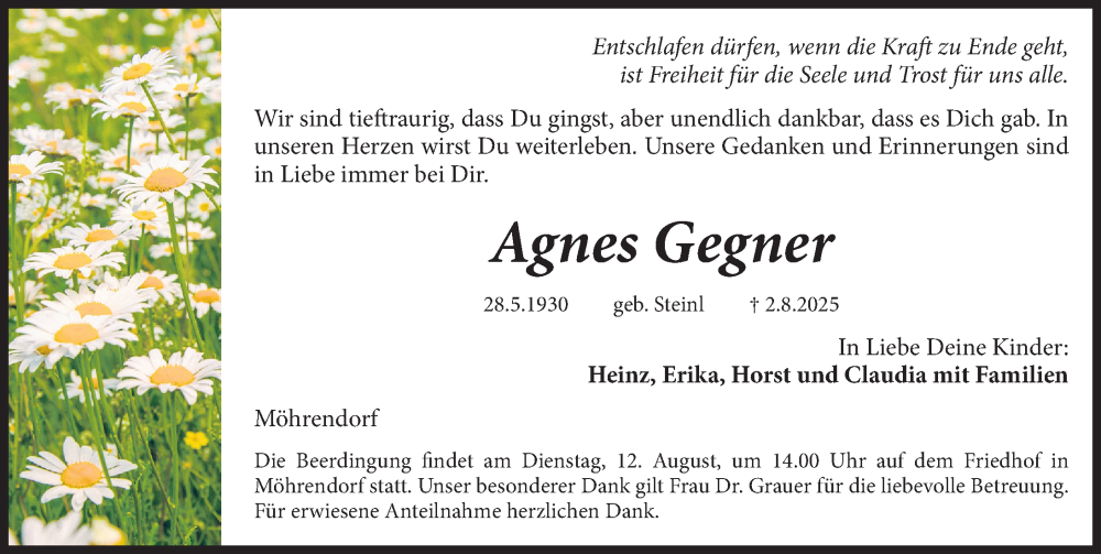  Traueranzeige für Agnes Gegner vom 09.08.2025 aus Erlanger Nachrichten Lokal