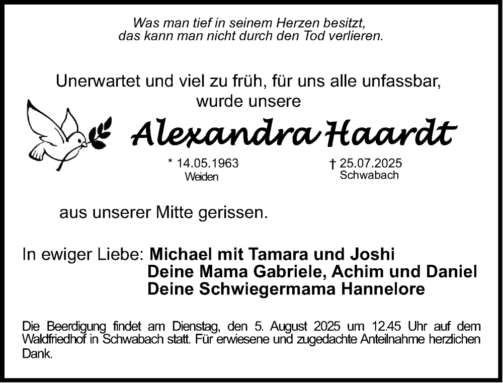  Traueranzeige für Alexandra Hardt vom 02.08.2025 aus Gesamtausgabe Nürnberger Nachrichten/ Nürnberger Ztg.