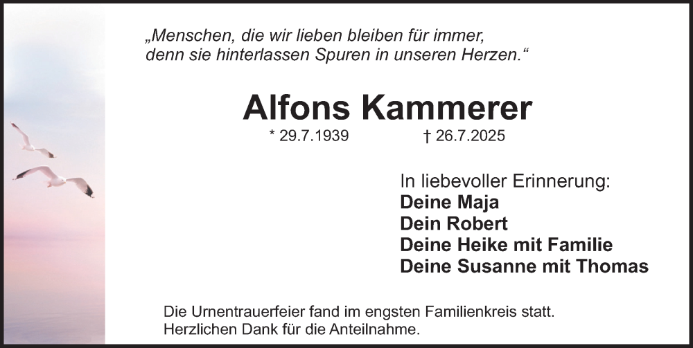  Traueranzeige für Alfons Kammerer vom 30.08.2025 aus Roth-Hilpoltsteiner Volkszeitung Lokal