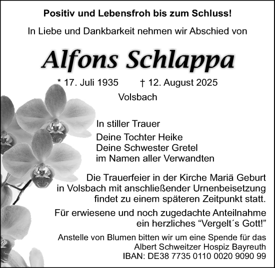 Traueranzeige von Alfons Schlappa von Nordbayerische Nachrichten Pegnitz Lokal