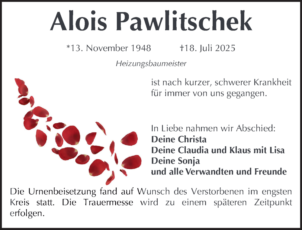  Traueranzeige für Alois Pawlitschek vom 30.08.2025 aus Gesamtausgabe Nürnberger Nachrichten/ Nürnberger Ztg.