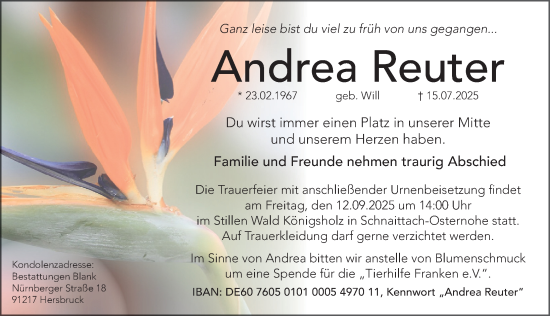 Traueranzeige von Andrea Reuter von Gesamtausgabe Nürnberger Nachrichten/ Nürnberger Ztg.