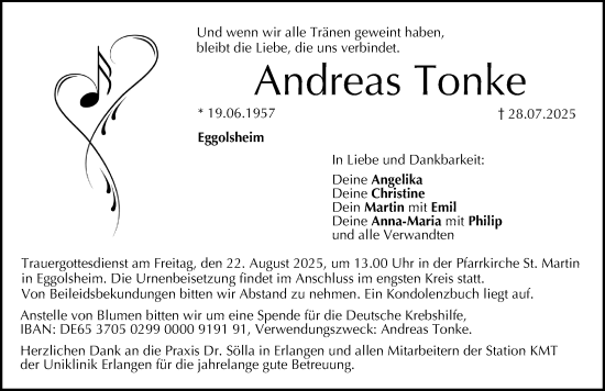Traueranzeige von Andreas Tonke von Gesamtausgabe Nürnberger Nachrichten/ Nürnberger Ztg./ Nordbayer. Nachrichten Forchheim