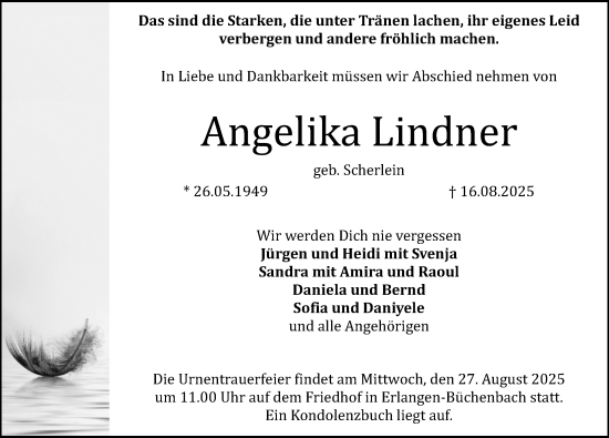 Traueranzeige von Angelika Lindner von Erlanger Nachrichten Lokal