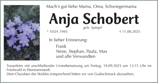 Traueranzeige von Anja Schobert von Gesamtausgabe Nürnberger Nachrichten/ Nürnberger Ztg.