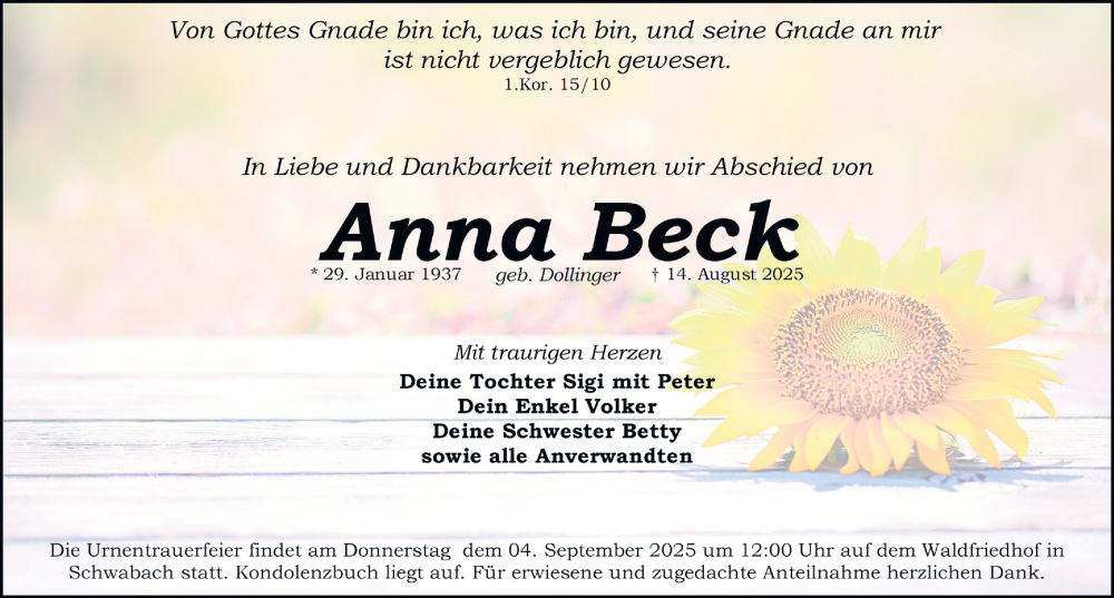  Traueranzeige für Anna Beck vom 30.08.2025 aus Schwabacher Tagblatt Lokal