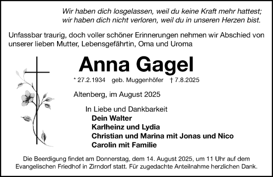 Traueranzeige von Anna Gagel von Fürther Nachrichten Lokal