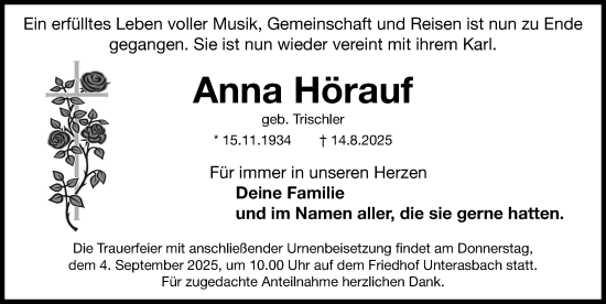 Traueranzeige von Anna Hörauf von Fürther Nachrichten Lokal