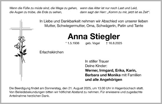 Traueranzeige von Anna Stiegler von Fürther Nachrichten Lokal