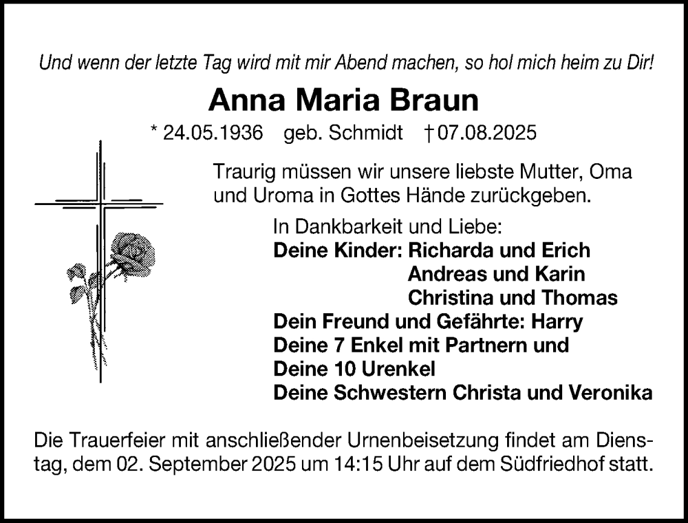  Traueranzeige für Anna Maria Braun vom 16.08.2025 aus Gesamtausgabe Nürnberger Nachrichten/ Nürnberger Ztg.