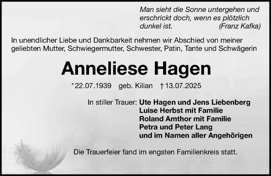 Traueranzeige von Anneliese Hagen von Gesamtausgabe Nürnberger Nachrichten/ Nürnberger Ztg.