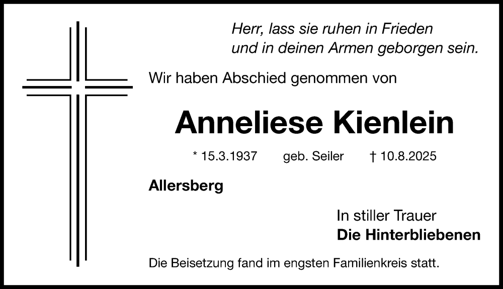  Traueranzeige für Anneliese Kienlein vom 30.08.2025 aus Roth-Hilpoltsteiner Volkszeitung Lokal