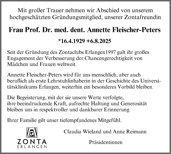 Traueranzeige von Annette Fleischer-Peters von Erlanger Nachrichten Lokal