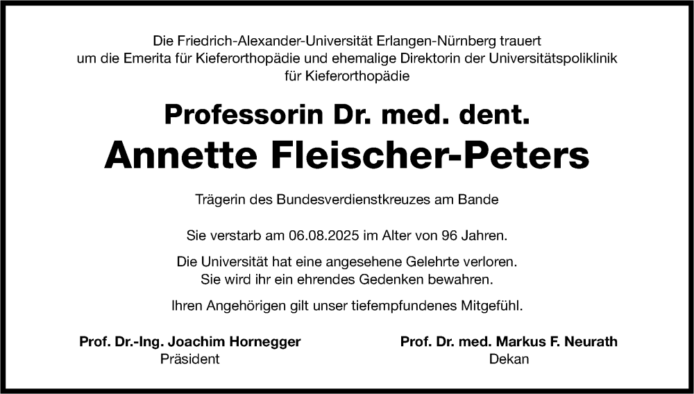 Traueranzeige für Annette Fleischer-Peters vom 13.08.2025 aus Gesamtausgabe Nürnberger Nachrichten/ Nürnberger Ztg.