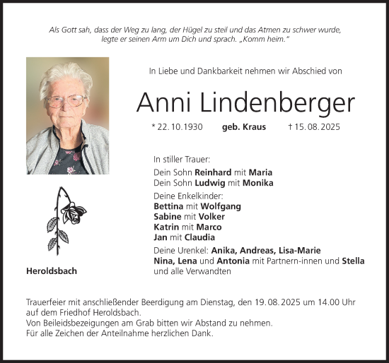 Traueranzeige von Anni Lindenberger von Nordbayerische Nachrichten Forchheim Lokal