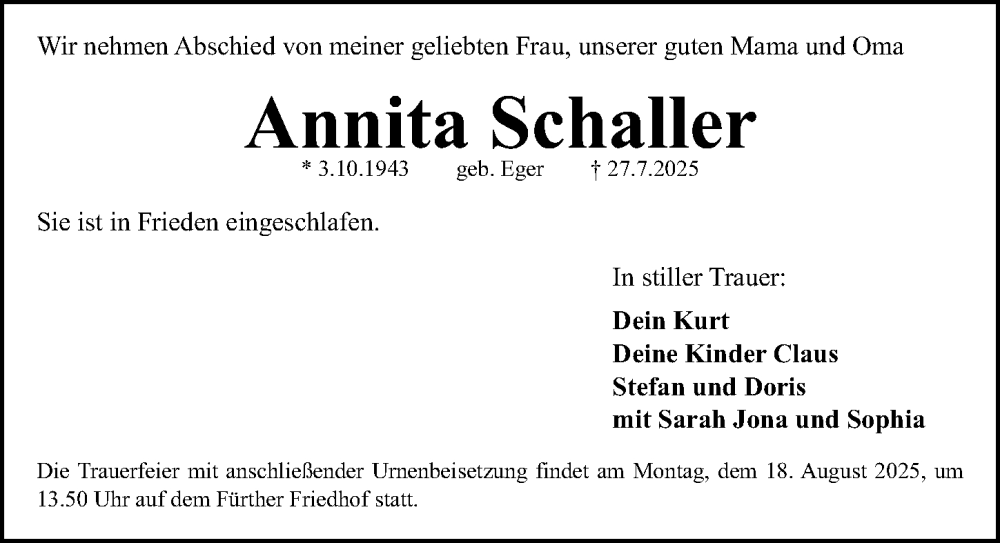  Traueranzeige für Annita Schaller vom 16.08.2025 aus Fürther Nachrichten Lokal