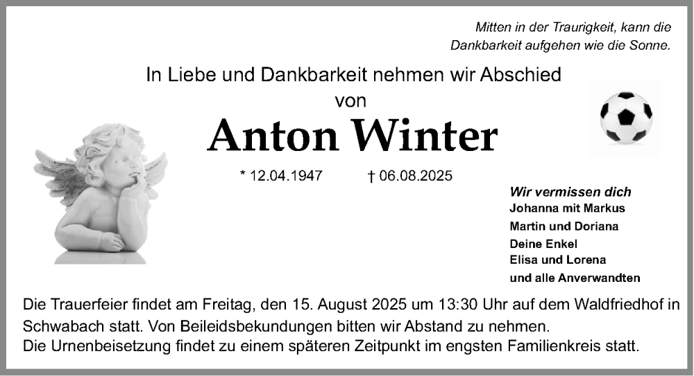  Traueranzeige für Anton Winter vom 12.08.2025 aus Schwabacher Tagblatt Lokal