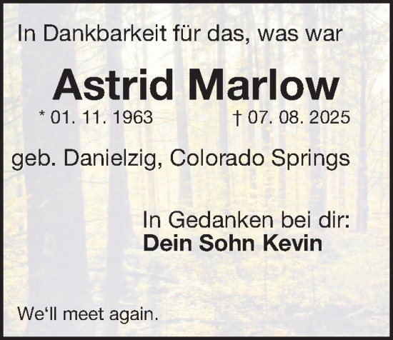 Traueranzeige von Astrid Marlow von Schwabacher Tagblatt Lokal
