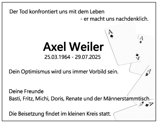 Traueranzeige von Axel Weiler von Gesamtausgabe Nürnberger Nachrichten/ Nürnberger Ztg.
