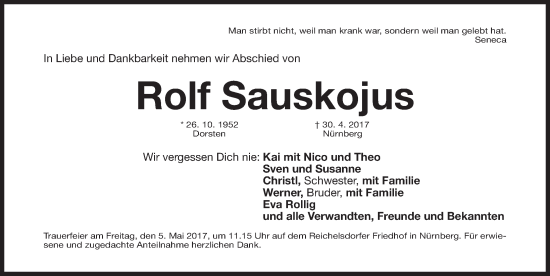 Traueranzeige von Rolf Sauskojus von Gesamtausgabe Nürnberger Nachrichten/ Nürnberger Ztg.