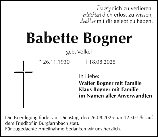 Traueranzeige von Babette Bogner von Fürther Nachrichten Lokal