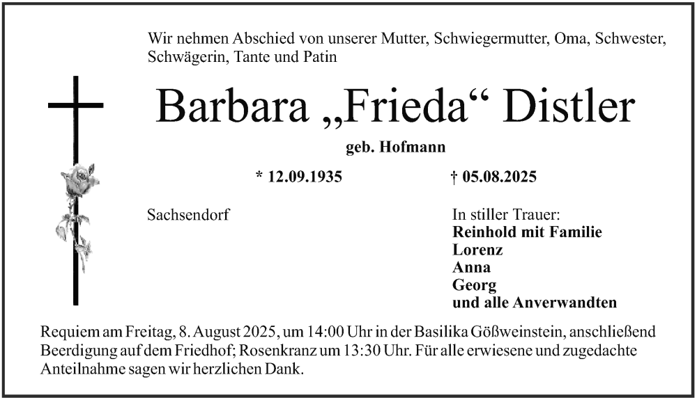  Traueranzeige für Barbara  Distler vom 07.08.2025 aus Nordbayerische Nachrichten Forchheim Lokal