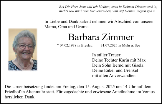 Traueranzeige von Barbara Zimmer von Altmühl-Bote Lokal