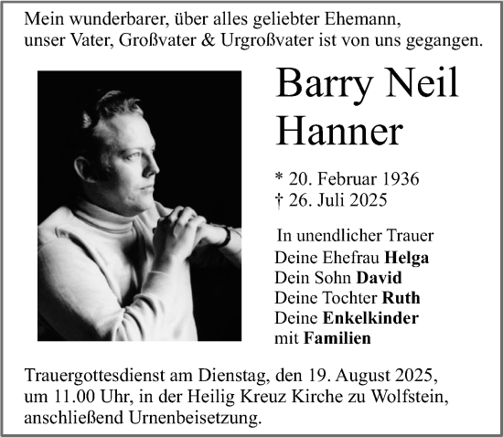 Traueranzeige von Barry Neil Hanner von Gesamtausgabe Nürnberger Nachrichten/ Nürnberger Ztg.