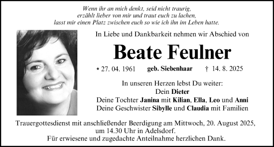 Traueranzeige von Beate Feulner von Erlanger Nachrichten Lokal