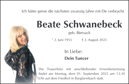 Traueranzeige von Beate Schwanebeck von Fürther Nachrichten Lokal