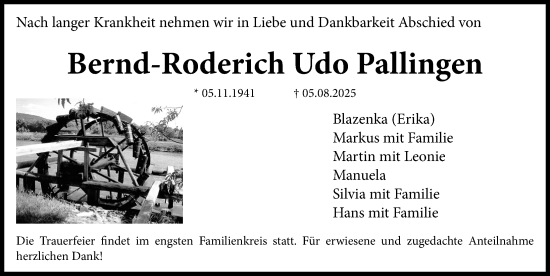 Traueranzeige von Bernd-Roderich Udo Pallingen von Erlanger Nachrichten Lokal