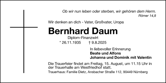 Traueranzeige von Bernhard Daum von Gesamtausgabe Nürnberger Nachrichten/ Nürnberger Ztg.