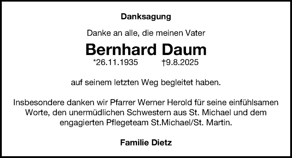  Traueranzeige für Bernhard Daum vom 23.08.2025 aus Gesamtausgabe Nürnberger Nachrichten/ Nürnberger Ztg.