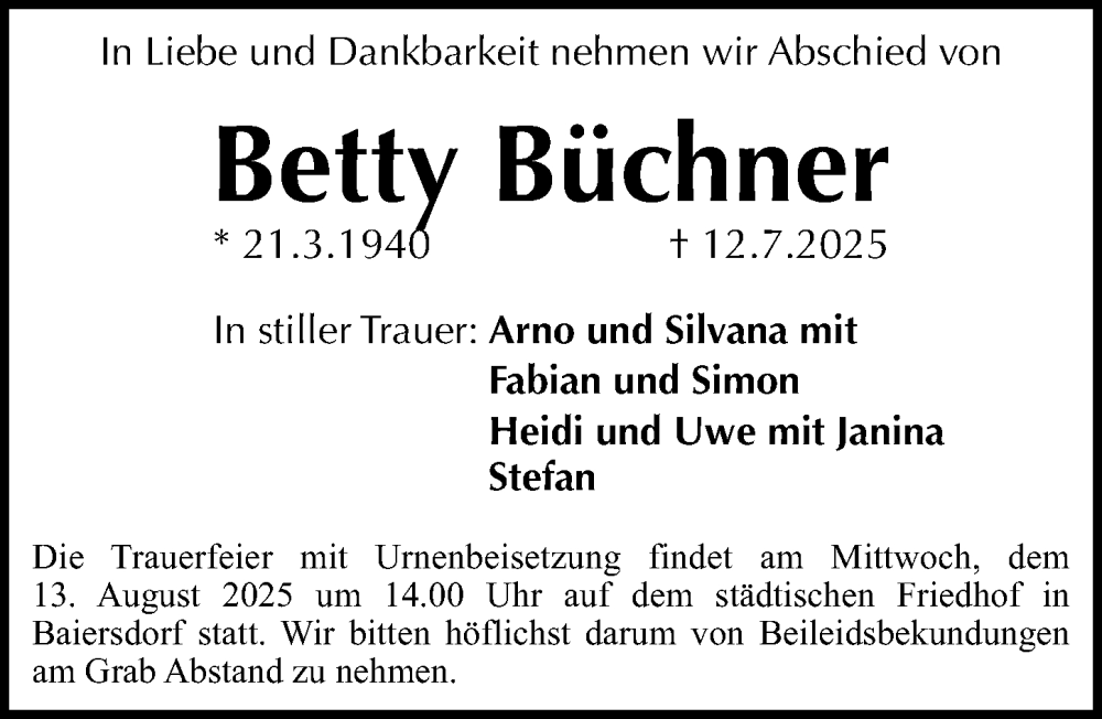  Traueranzeige für Betty Büchner vom 09.08.2025 aus Erlanger Nachrichten Lokal