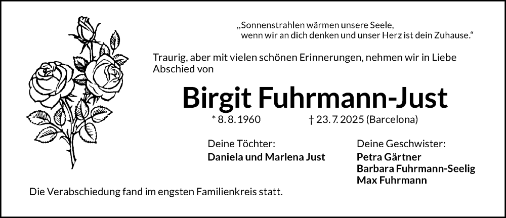  Traueranzeige für Birgit Fuhrmann-Just vom 02.08.2025 aus Altmühl-Bote Lokal
