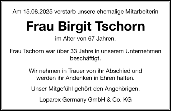 Traueranzeige von Birgit Tschorn von Nordbayerische Nachrichten Forchheim Lokal