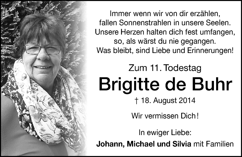  Traueranzeige für Brigitte de Buhr vom 18.08.2025 aus Altmühl-Bote Lokal