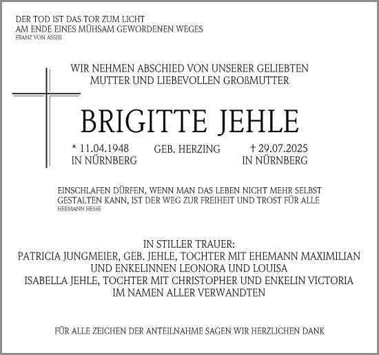 Traueranzeige von Brigitte Jehle von Gesamtausgabe Nürnberger Nachrichten/ Nürnberger Ztg.