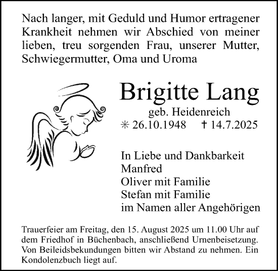 Traueranzeige von Brigitte Lang von Erlanger Nachrichten Lokal