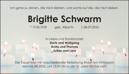 Traueranzeige von Brigitte Schwarm von Gesamtausgabe Nürnberger Nachrichten/ Nürnberger Ztg.