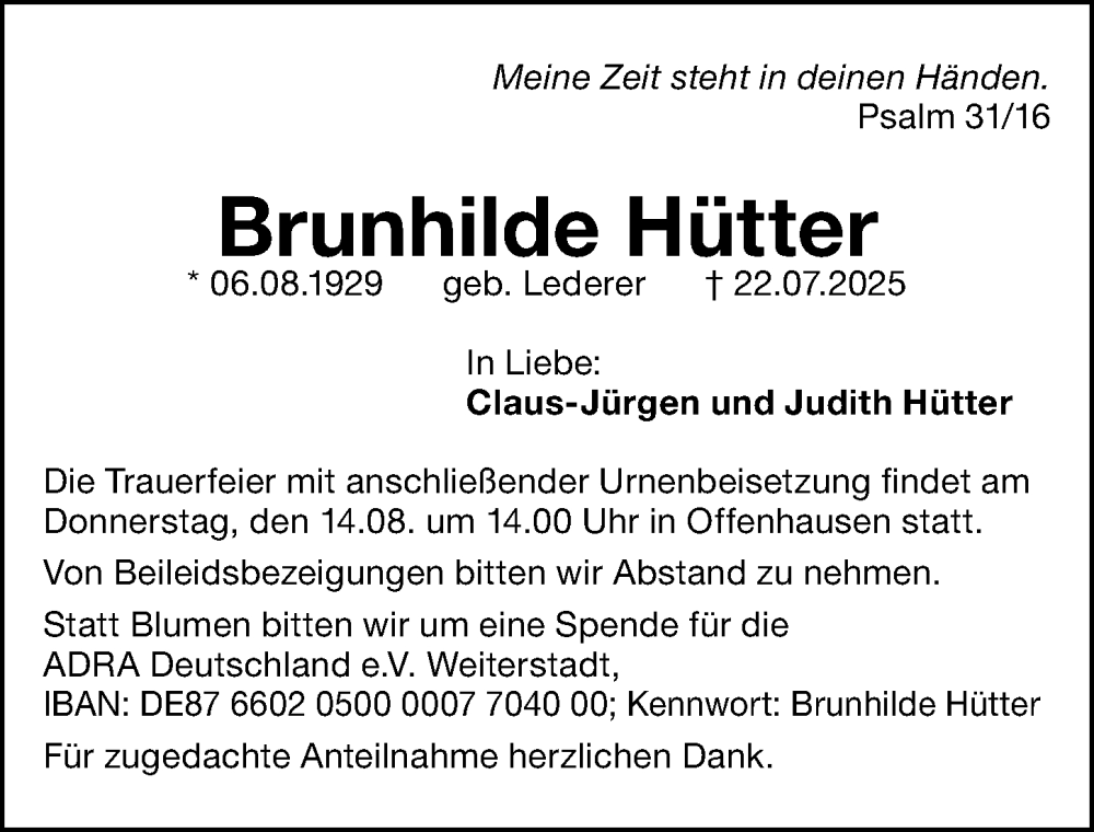  Traueranzeige für Brunhilde Hütter vom 09.08.2025 aus Gesamtausgabe Nürnberger Nachrichten/ Nürnberger Ztg.