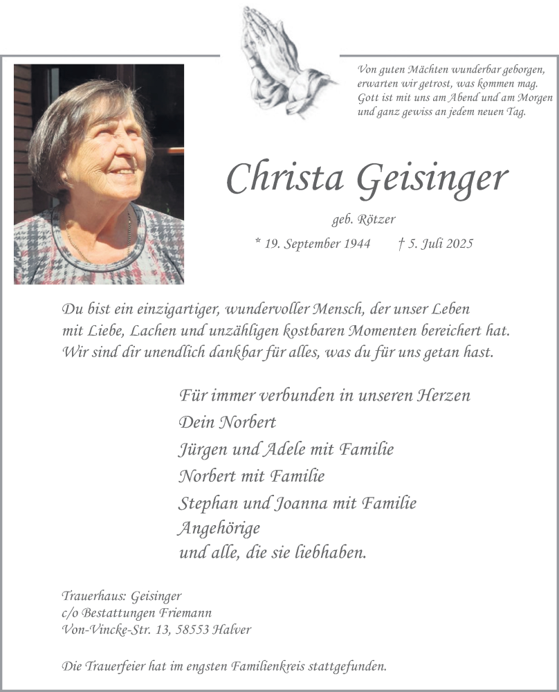  Traueranzeige für Christa Geisinger vom 16.08.2025 aus Neumarkter Nachrichten Lokal