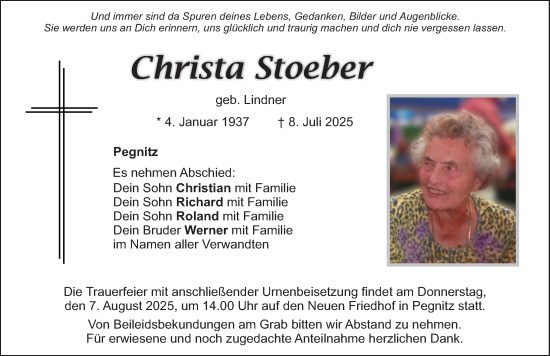Traueranzeige von Christa Stoeber von Nordbayerische Nachrichten Pegnitz Lokal