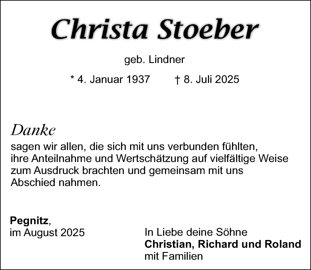  Traueranzeige für Christa Stoeber vom 16.08.2025 aus Nordbayerische Nachrichten Pegnitz Lokal