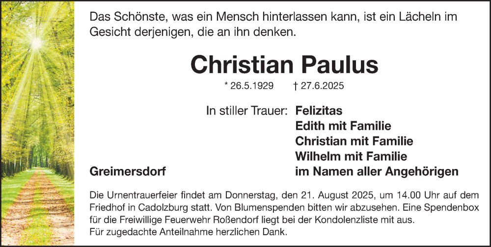  Traueranzeige für Christian Paulus vom 16.08.2025 aus Fürther Nachrichten Lokal